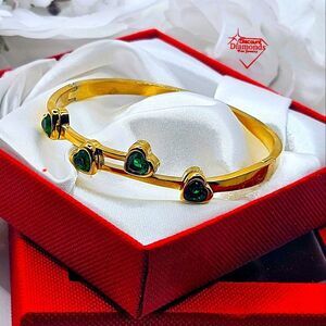 Heart Shaped Green Diamond Bangle Tennis Bracelet 14K Gold on 925 Silver